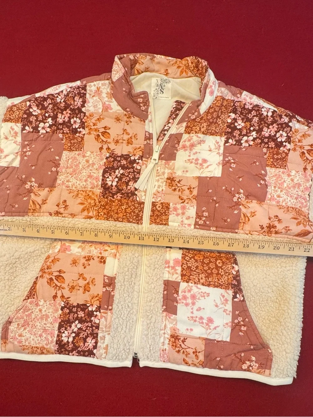 Altar'd State Pink & Cream Floral Cropped Patchwork Sherpa Jacket